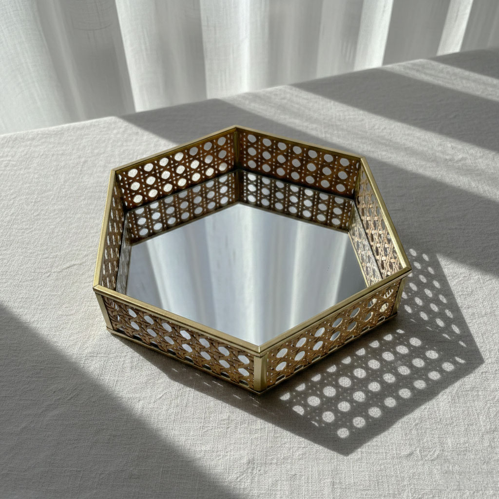 Modern Iron gold spray paint Tray with Natural Rattan Inlay & Mirror Base - Image 8