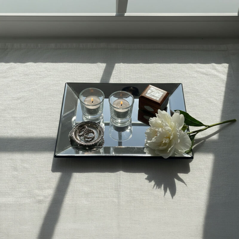 Modern Black Beveled Mirror Tray - Sleek MDF Backed Vanity Organizer