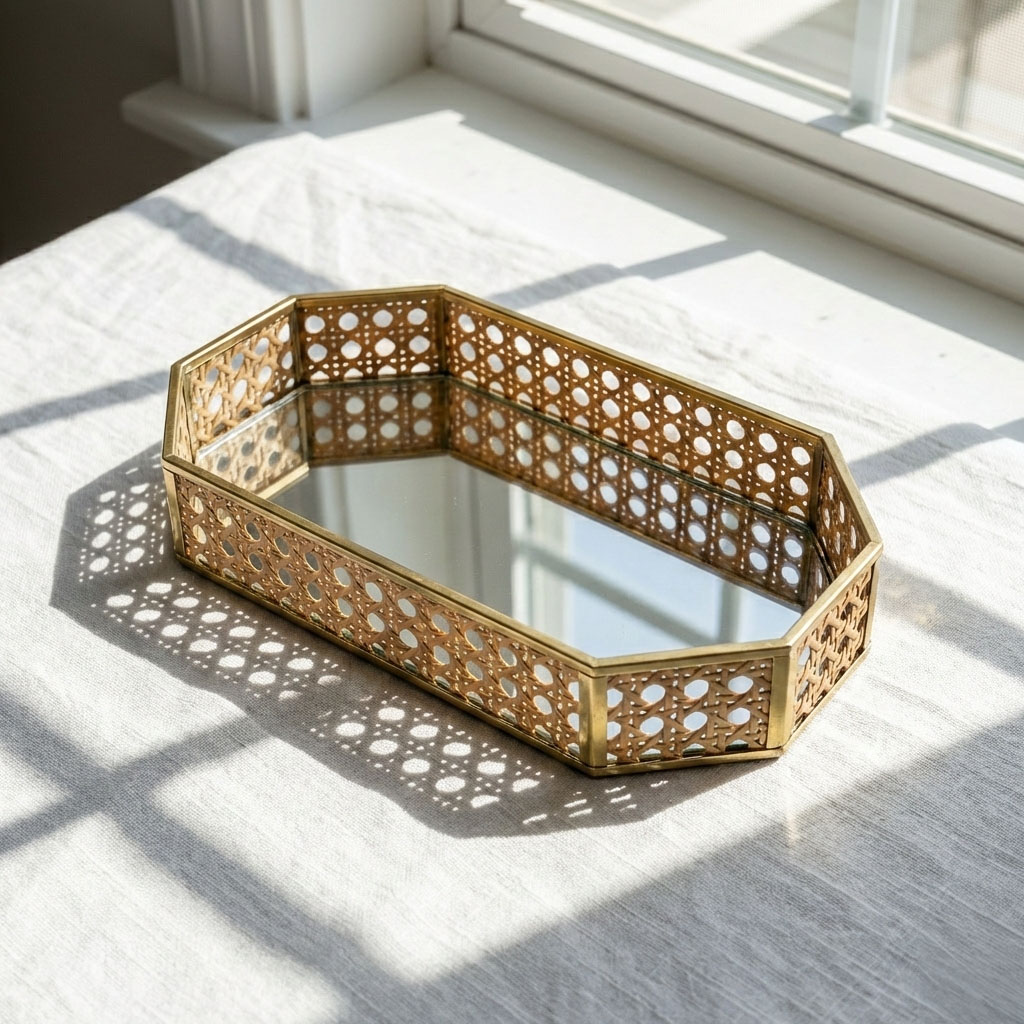 Modern Iron gold spray paint Tray with Natural Rattan Inlay & Mirror Base - Image 7