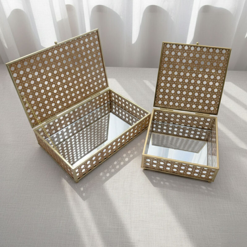Vintage Rectangular Gold Metal Jewelry Box with Natural Rattan Weave Detail