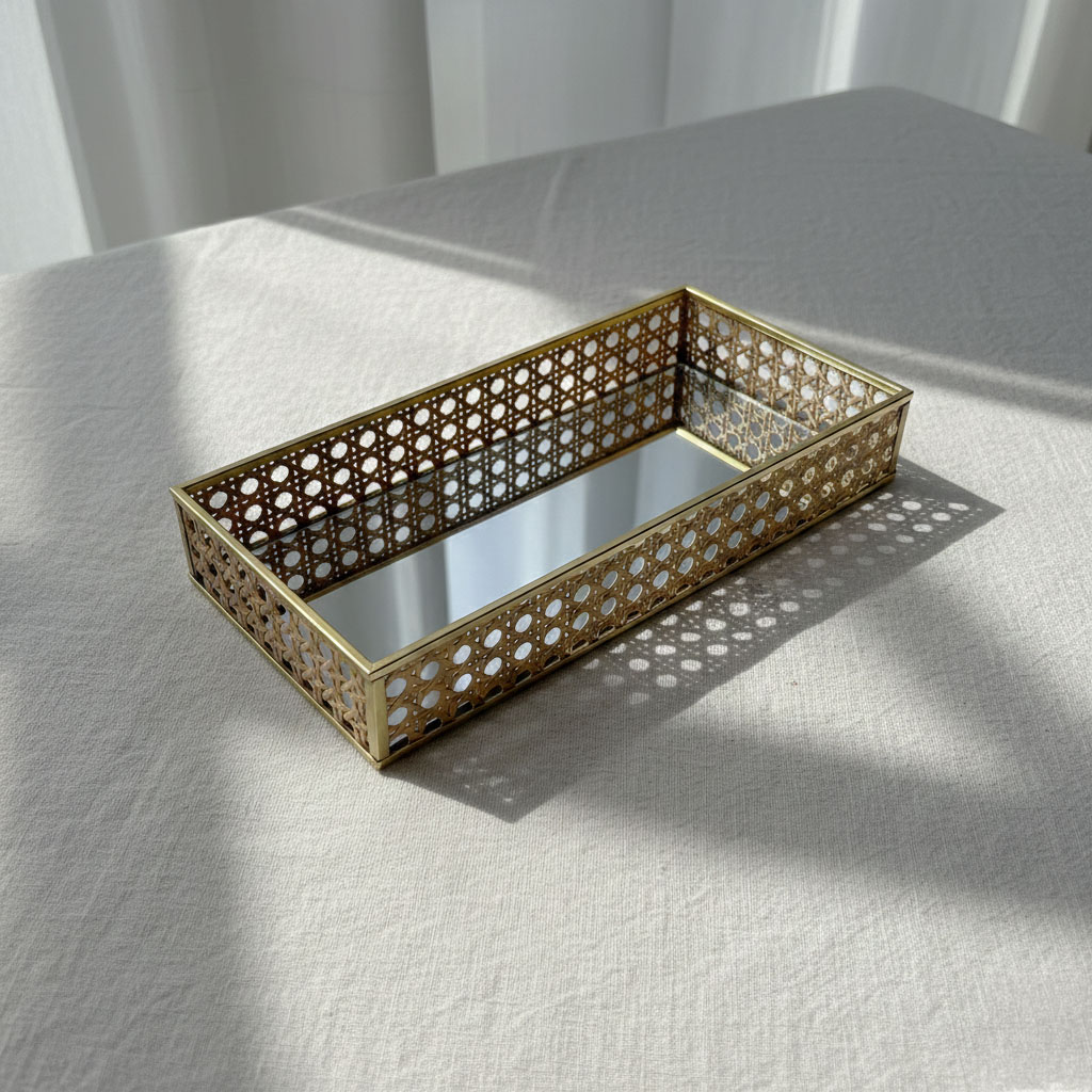 Modern Iron gold spray paint Tray with Natural Rattan Inlay & Mirror Base - Image 6