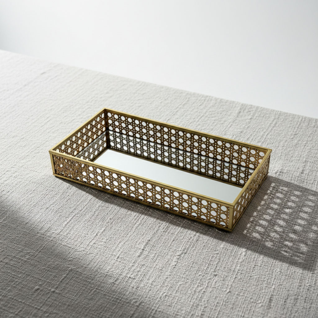 Modern Iron gold spray paint Tray with Natural Rattan Inlay & Mirror Base - Image 5