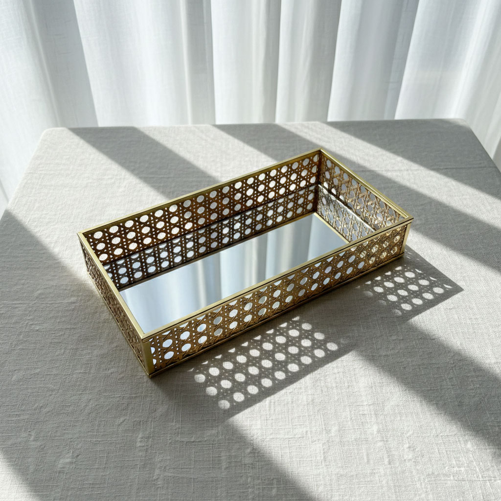 Modern Iron gold spray paint Tray with Natural Rattan Inlay & Mirror Base - Image 4
