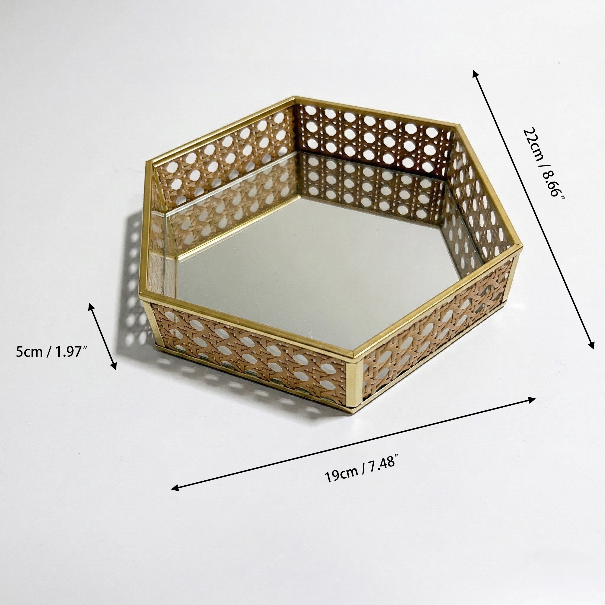 Modern Iron gold spray paint Tray with Natural Rattan Inlay & Mirror Base - Image 9