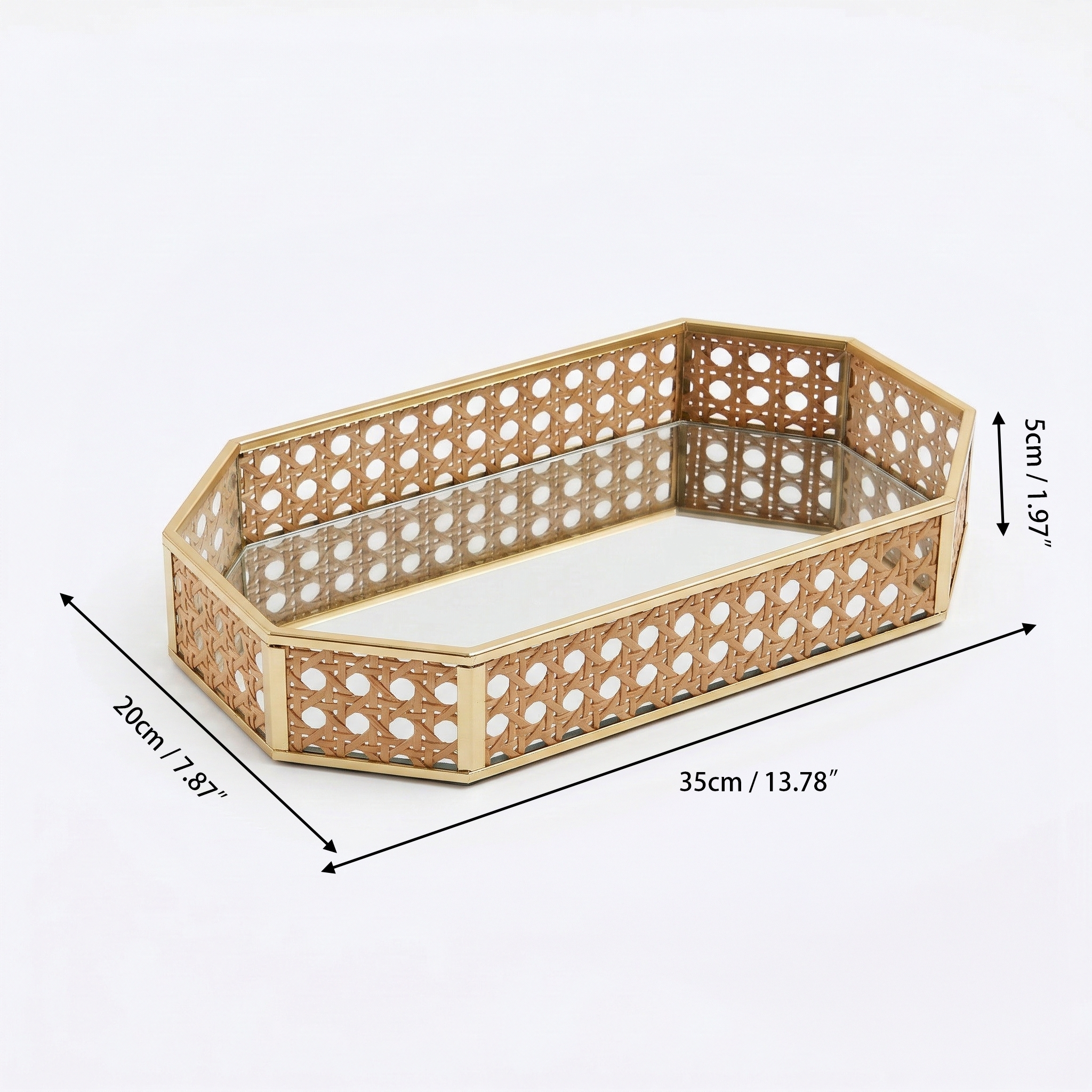 Modern Iron gold spray paint Tray with Natural Rattan Inlay & Mirror Base - Image 10