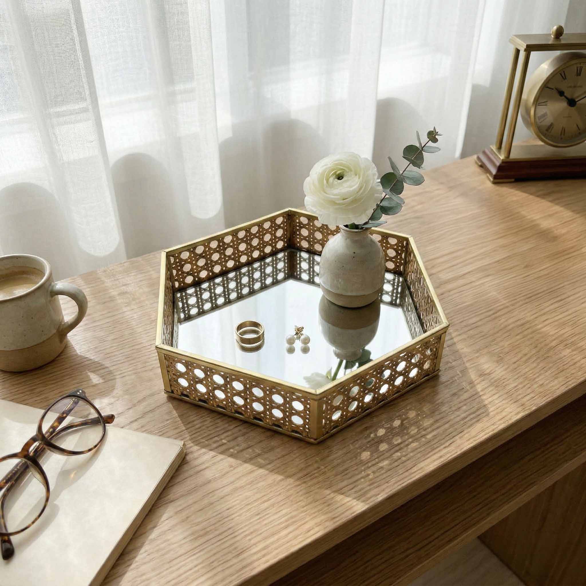 Modern Iron gold spray paint Tray with Natural Rattan Inlay & Mirror Base - Image 3