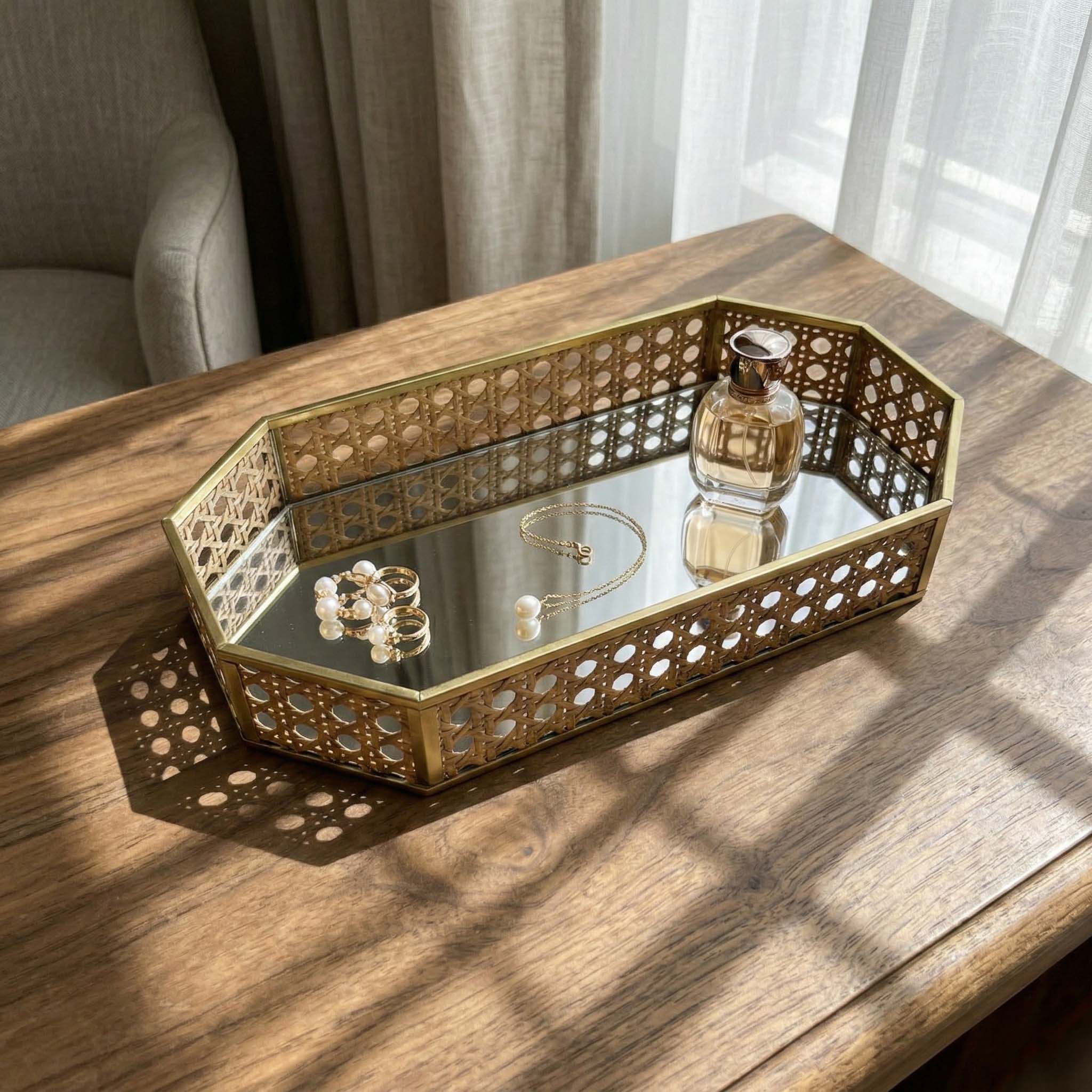 Modern Iron gold spray paint Tray with Natural Rattan Inlay & Mirror Base