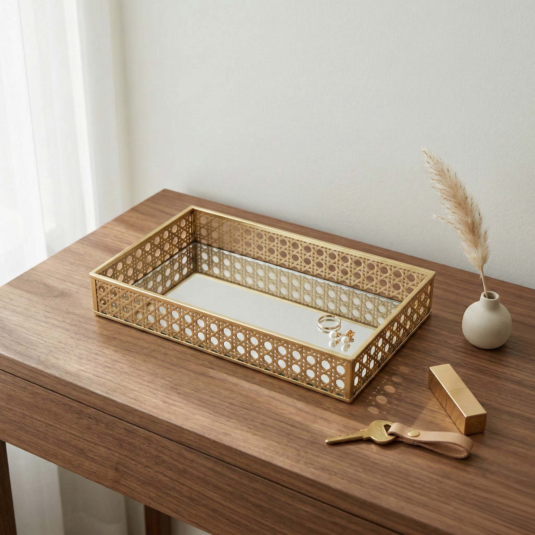 Modern Iron gold spray paint Tray with Natural Rattan Inlay & Mirror Base - Image 2