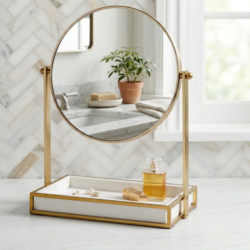 Round Gold Iron Vanity Mirror with Rectangular Tray