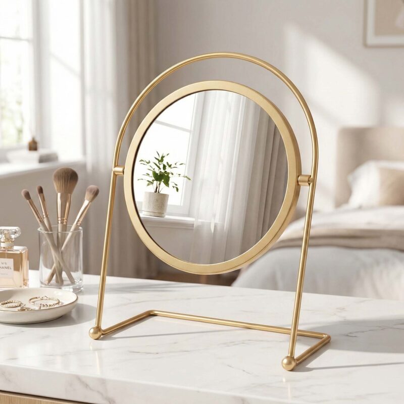 Round Gold Painted Iron Tabletop Mirror