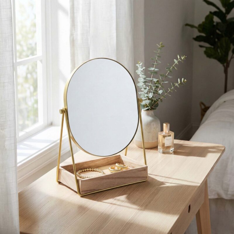 Oval Gold Iron Vanity Mirror with Storage Tray