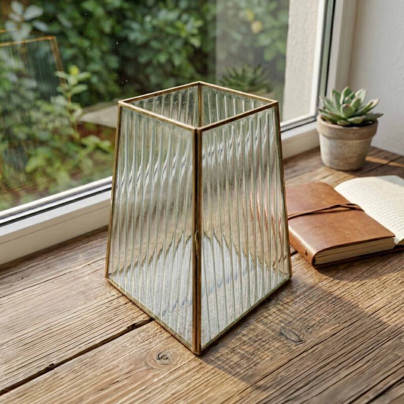 Vintage Tapered Ribbed Glass Vase with Brass Frame on Wooden Table