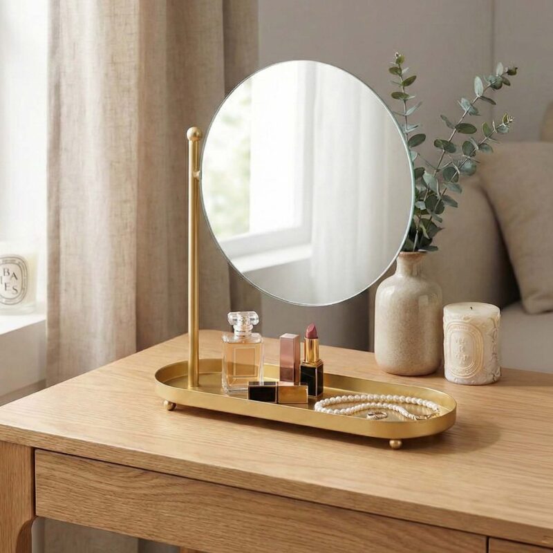 Round Gold Iron Vanity Mirror with Elongated Tray
