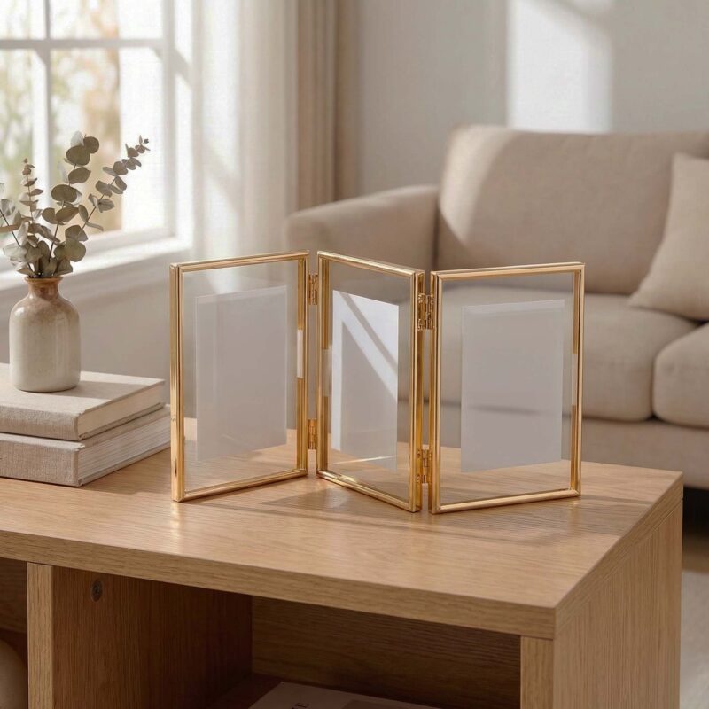 Tri-Fold Gold Painted Iron Glass Photo Frame