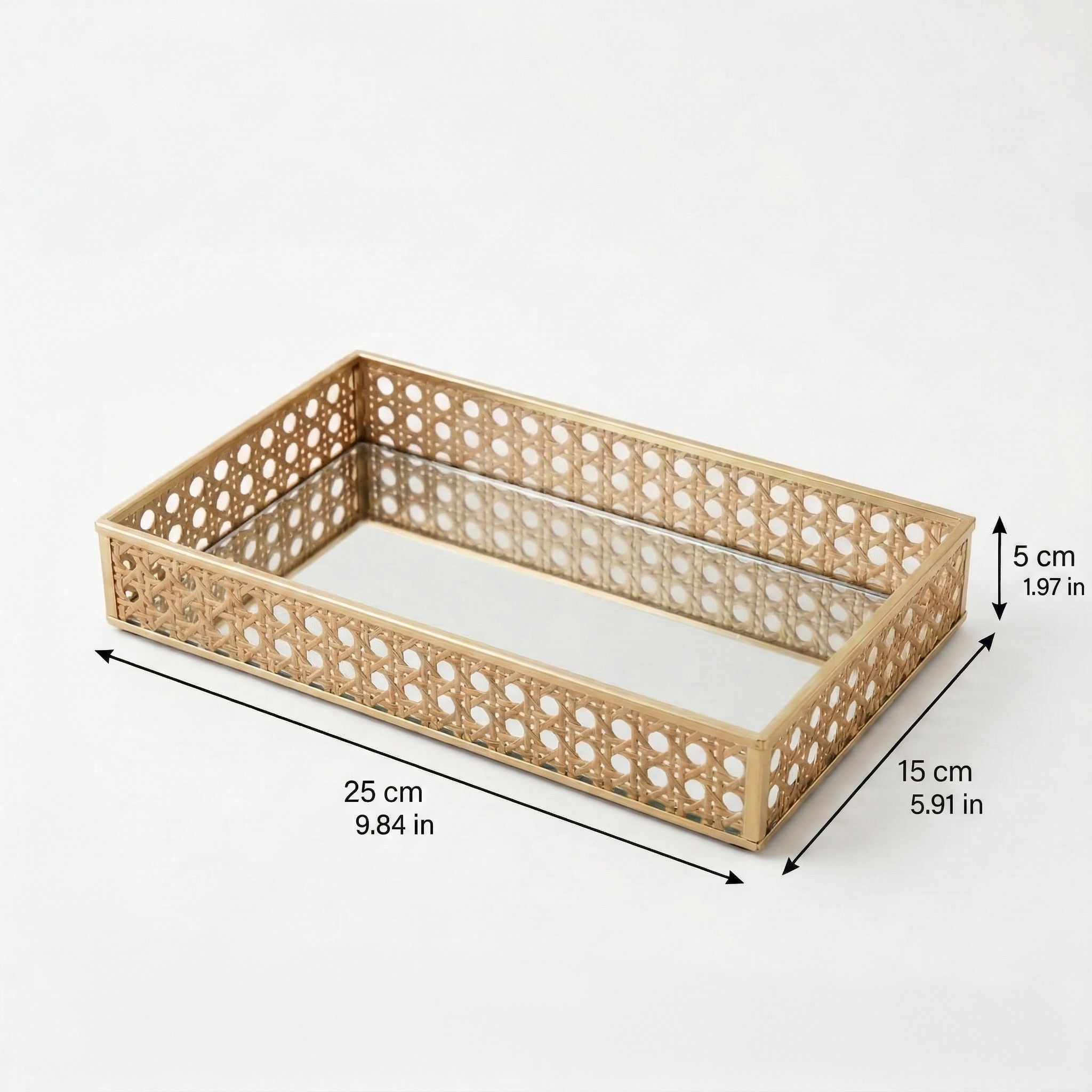 Modern Iron gold spray paint Tray with Natural Rattan Inlay & Mirror Base - Image 11