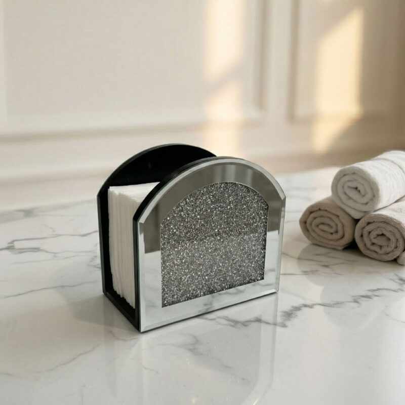 Modern Mirrored Glass Napkin Holder with Crushed Diamond Inlay | Luxury Tissue Stand (Square, House, & Arch Styles)