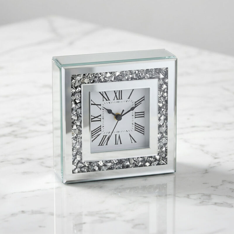 Square Mirrored Desk Clock with Crystal Accents