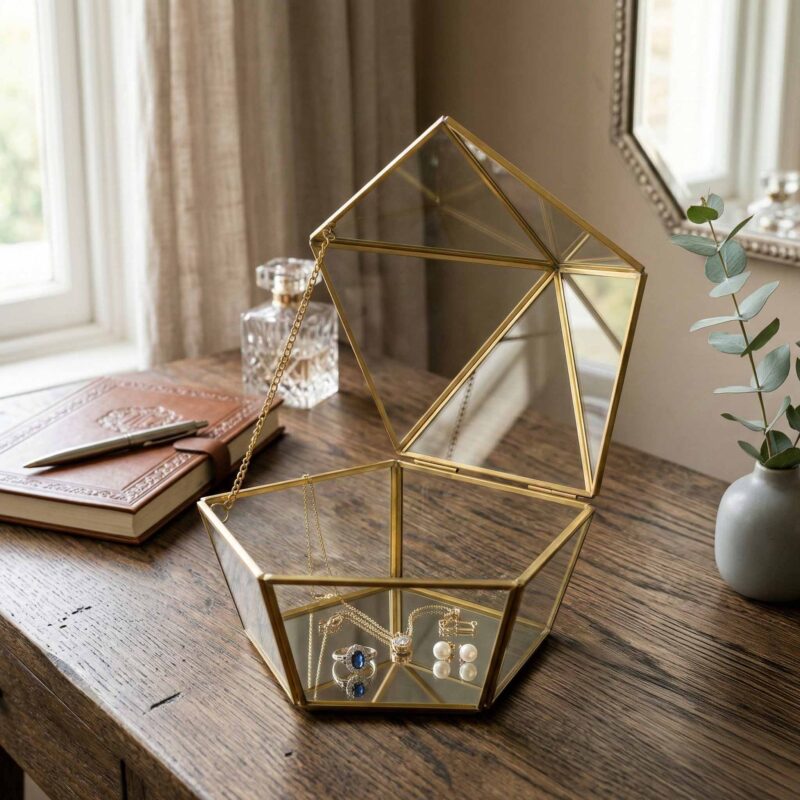 Diamond Jewelry Box Geometric Terrarium Copper Glass Box Luxury Storage Faceted Glass Decor Modern Keepsake Box Taizhou Craftsmanship SKU: XY-2026-195 Vintage Gold Decor Crystal Display