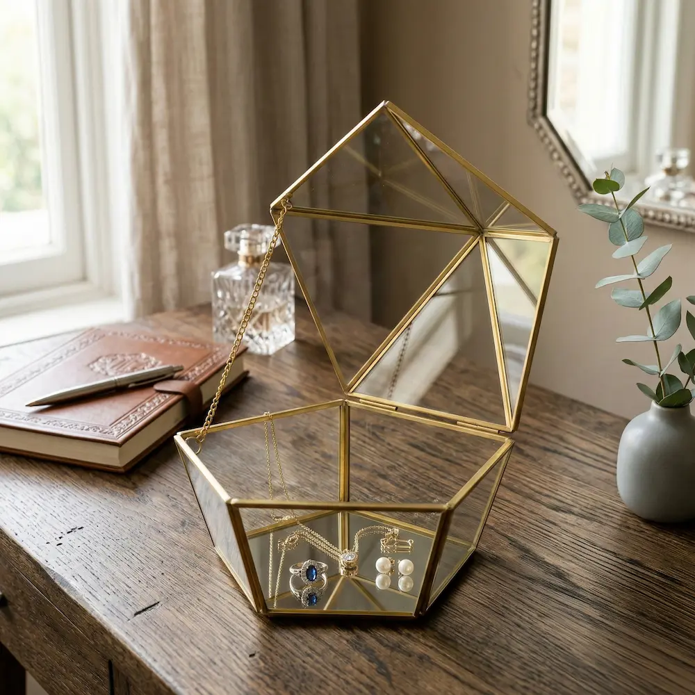 Vintage Gold Geometric Glass Jewelry Box